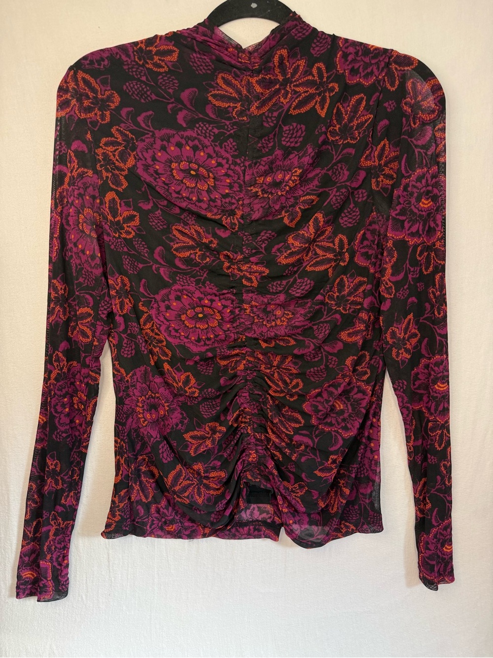 Women’s Floral Ruched Long-Sleeve Top - Black with Purple & Orange Size L